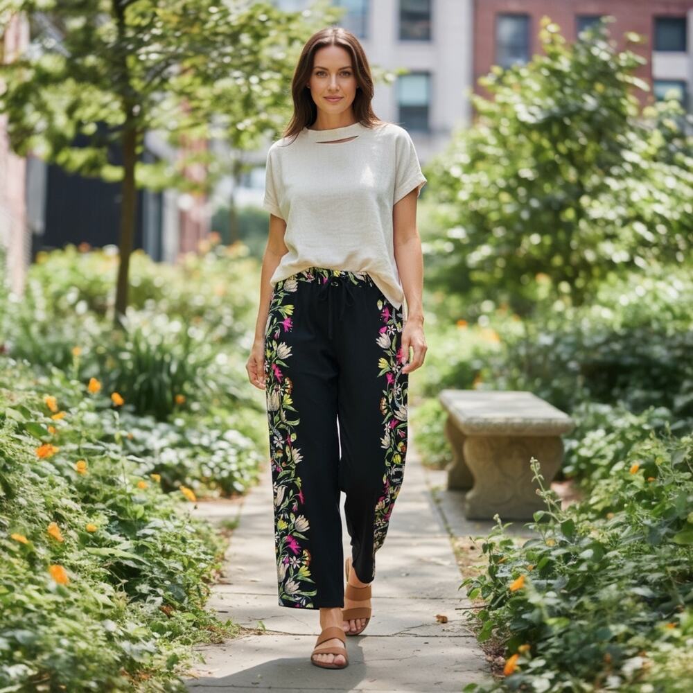 Tahari Floral Wide Leg Rayon Pants - Black Multicolor XL